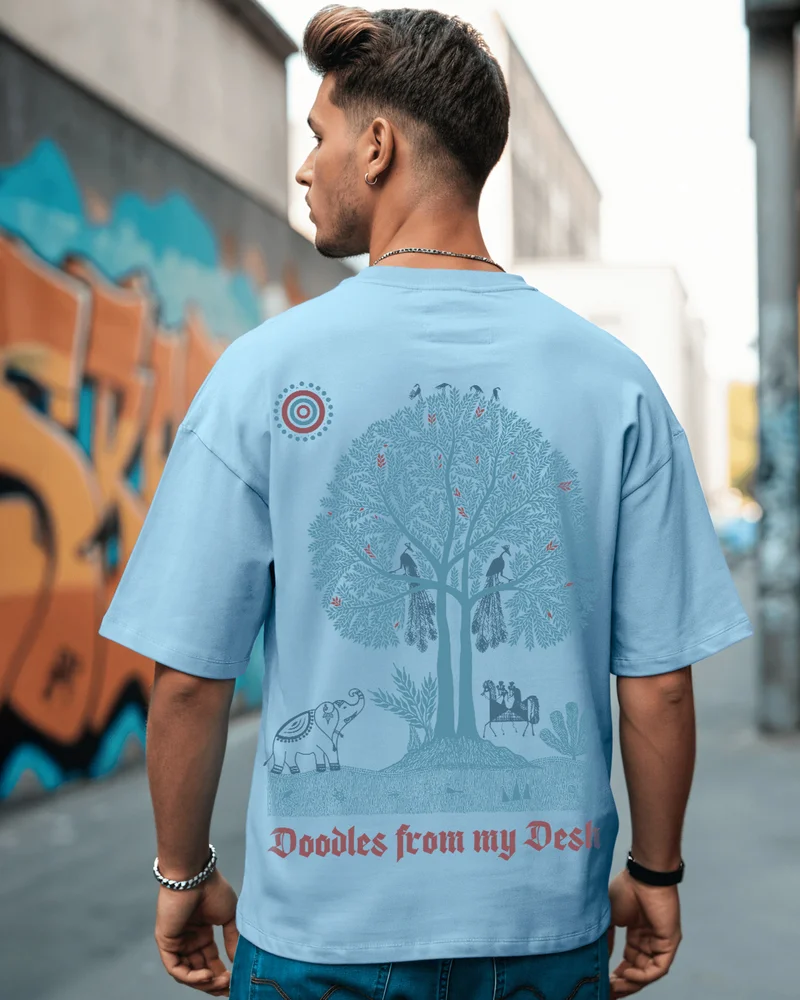 بيواكوف Men's Chambray Blue Tatva Doodles Graphic Printed Oversized T-shirt